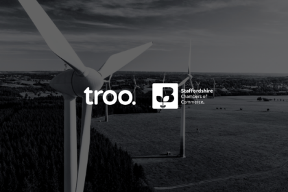 Troo Logo with Staffordshire Chambers in front of a windmill in a field