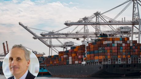 Declan Riddell headshot inset into an image of a cargo ship with containers