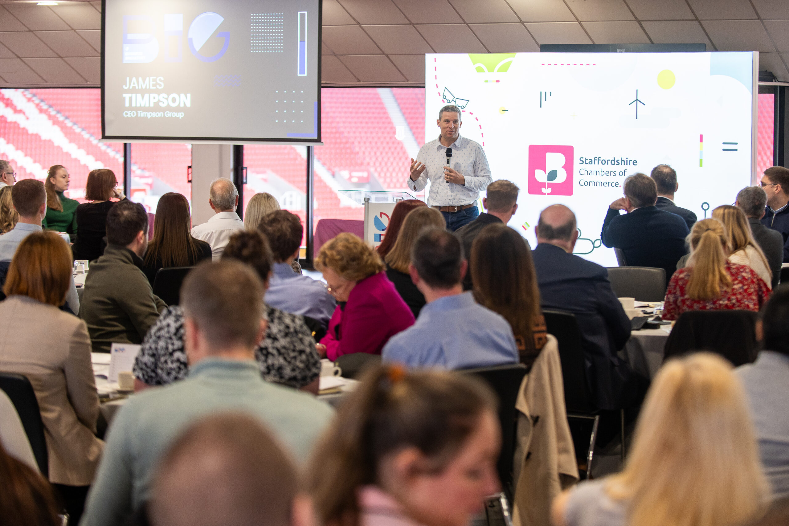 James Timpson, CEO of Timpson Group, speaking to a capacity ground at Bet365 Stadium for Staffordshire Chambers of Commerce's Big Business Breakfast.