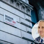 Staffordshire Chambers of Commerce's Declan Riddells headshot in a circle at the bottom right of a picture of Downing Streets road sign on the wall.