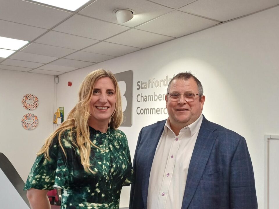 Dr Eve Davies and Steve Timmis stood in the Staffordshire Chambers reception area